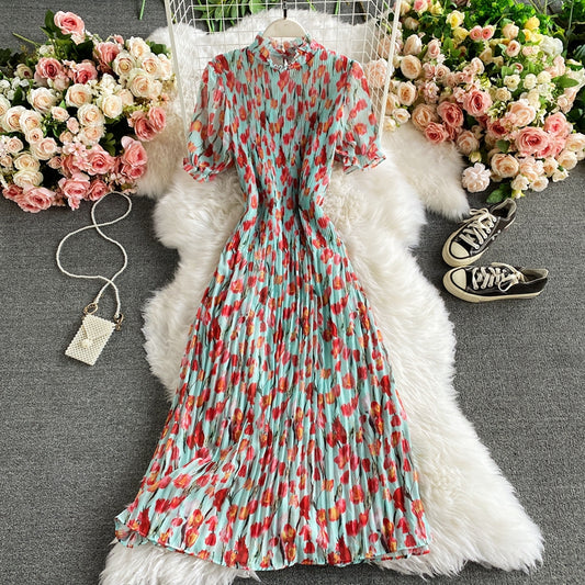 Floral Chiffon Pleated Dress  2881