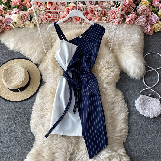 Robe trapèze sexy à bretelles irrégulières et à rayures cousues, coupe slim, épaules dénudées 2883