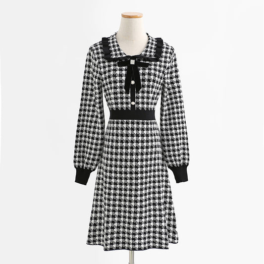 Robe en tricot à taille fine en treillis Qianniao pour femme, jupe taille haute avec bas 2342