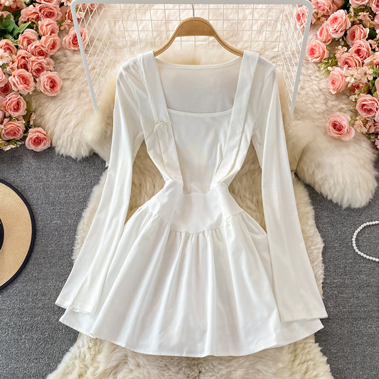 Pleated long sleeve dress women's slim A-line skirt  3259