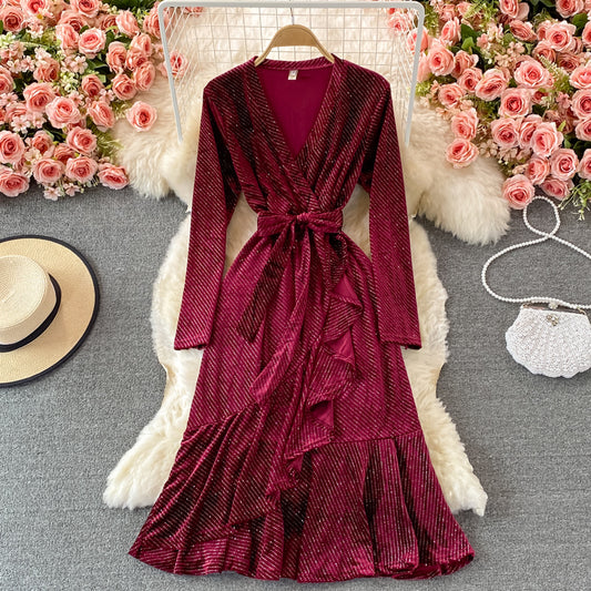 Hot diamond V-neck velvet dress fishtail long skirt  3107