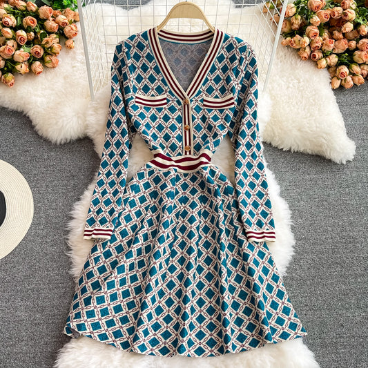 French retro V-neck Plaid dress ladies temperament  2865