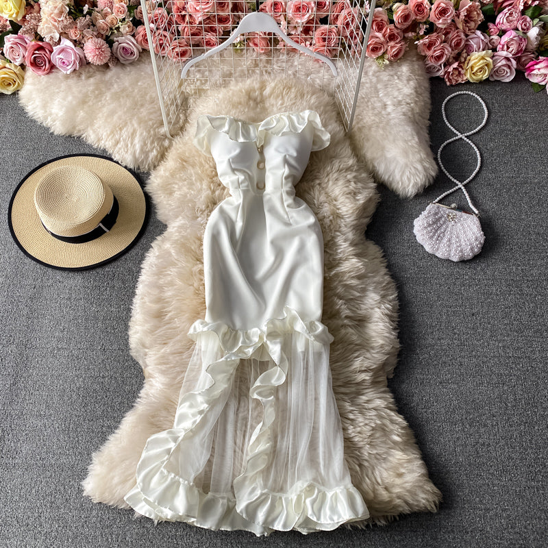 Robe sexy en queue de poisson avec sac à bandoulière exposé sans bretelles et coutures en maille de gaze 3033