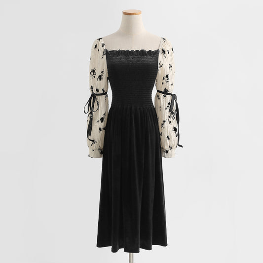 Robe fleurie à manches longues montre un tempérament fin jupe longue en velours 2190