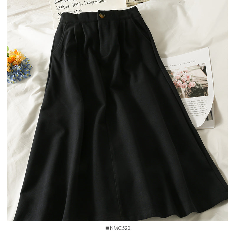 Hong Kong style retro high waist thin medium long woolen skirt  2547
