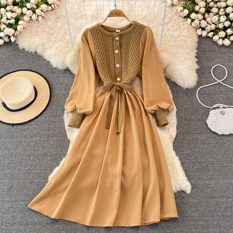 Crew neck twist knit stitched dress  3267