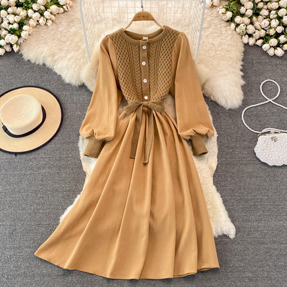 Crew neck twist knit stitched dress  3267