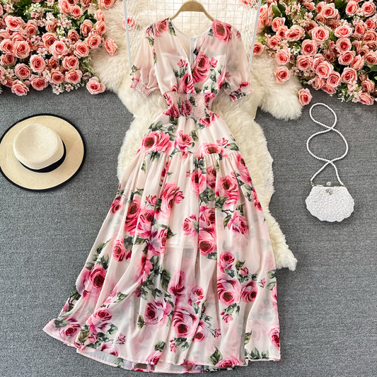 V-neck rose print dress elegant dress  3082