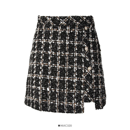 Korean high waist slim single breasted Plaid A-shaped short skirt for women  2556