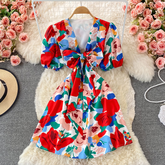 French retro V-neck Floral Dress  2923