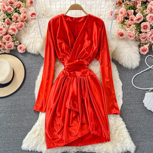 Satin high waist with thin V-neck irregular dress  3352