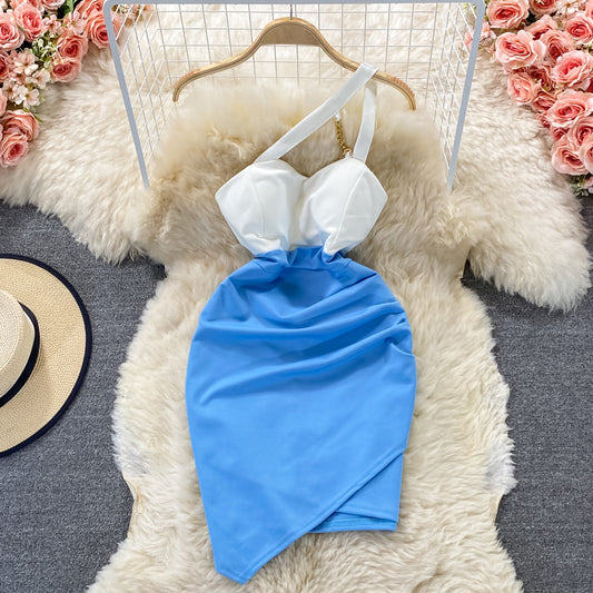 Jupe portefeuille moulante de couleur contrastée avec bretelles à une épaule 2820