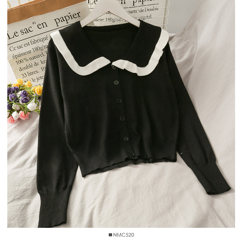 College style white border doll collar single breasted cardigan top  1806