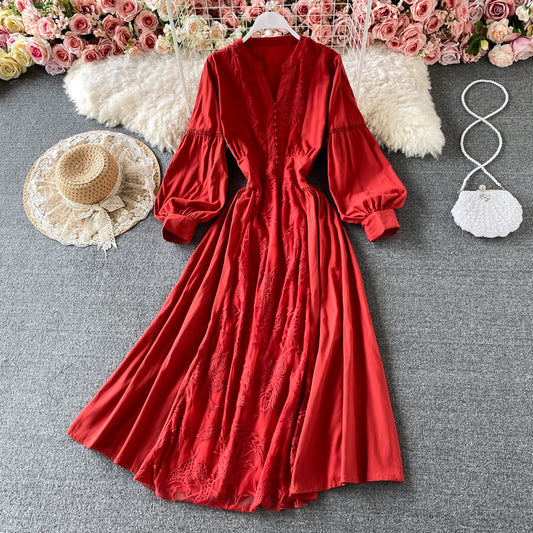 Sanfter Windverschluss an der Taille Kleid mit V-Ausschnitt und Laternenärmeln 3183