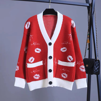 Contrast color sweater coat Cardigan, loose, V-neck, lip knit top  1403