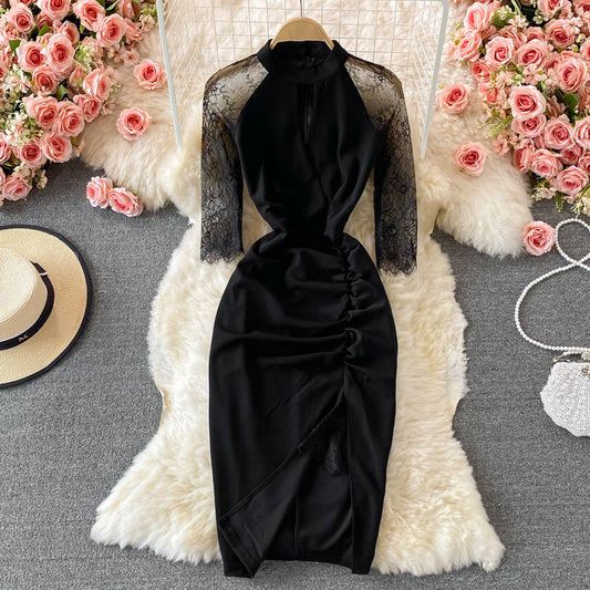 Mesh stitched long sleeve perspective Hip Wrap waist black dress  3228