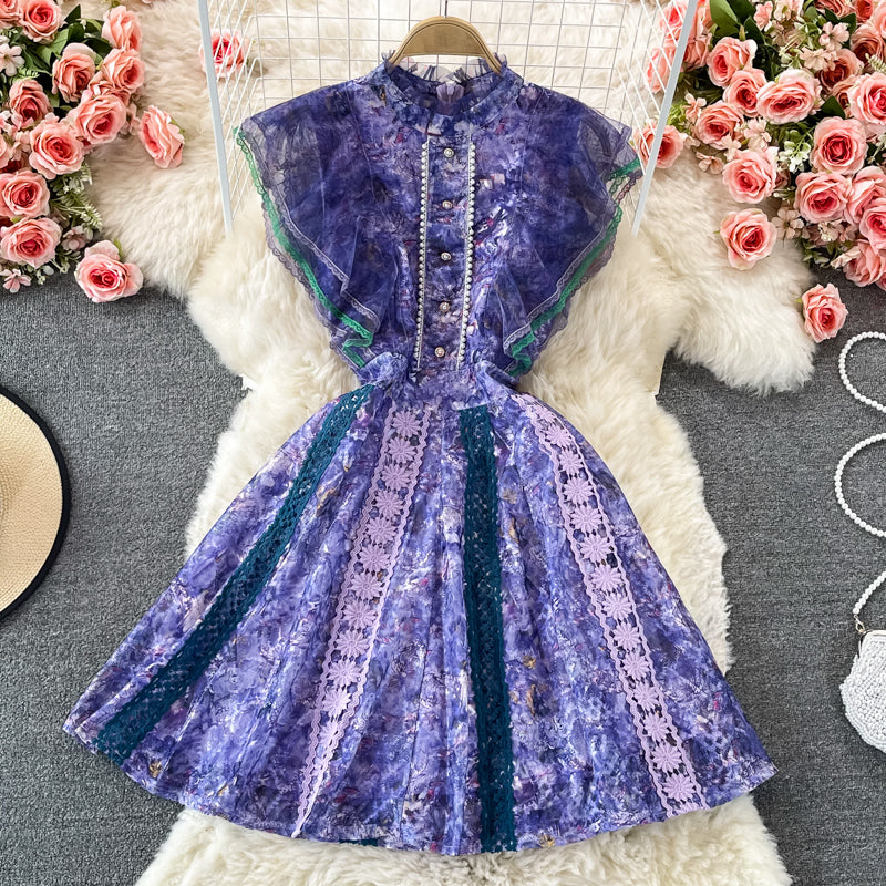 Stand collar water-soluble lace waist closing slim dress  3081