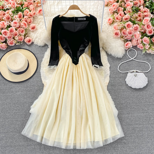 Vintage Hepburn mesh stitched square neck velvet dress  3007