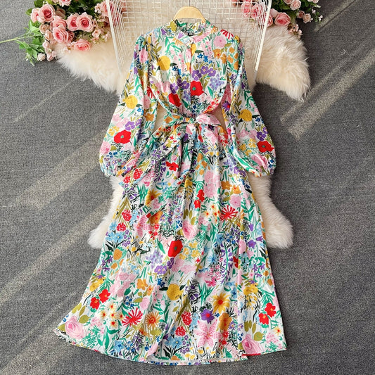 Stand collar bubble sleeve fashion printed waist length skirt  3191