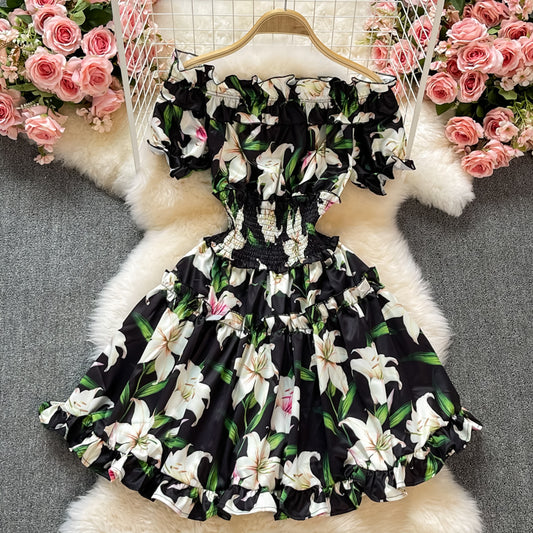 Waist print Ruffle A-line skirt dress  3194