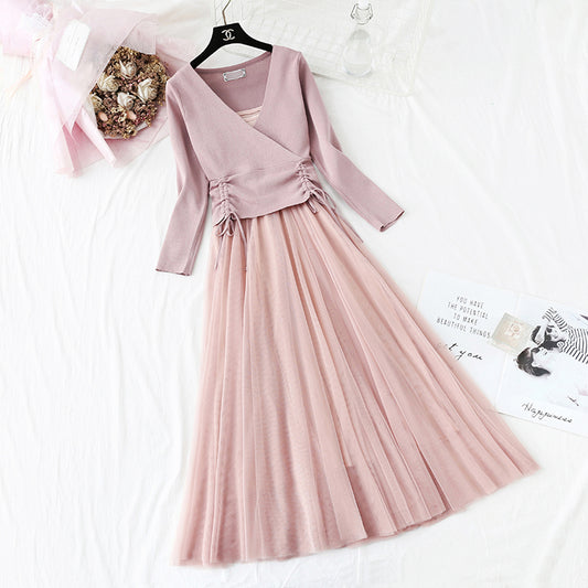 Damenanzug Rock Mode Strickpullover + Strapsnetzkleid 2174