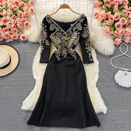 Sequin embroidered Hepburn slim fit Hip Wrap long skirt  3252