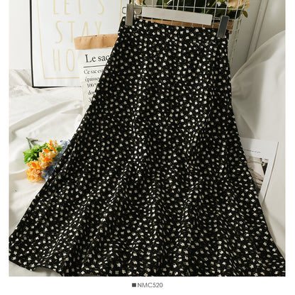 Hong Kong style retro floral high waist medium length A-line skirt  2485