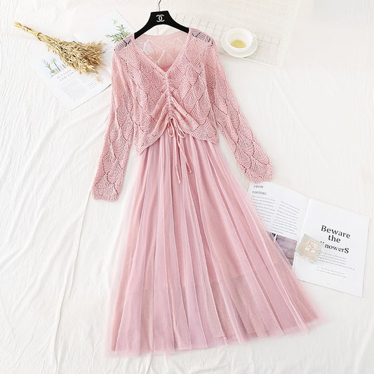 Two piece cut-out sweater suspender mesh skirt  2385