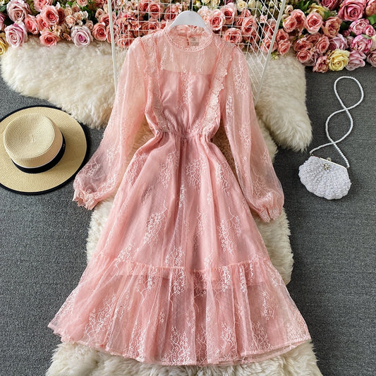 Spitzen-Rundhalsausschnitt, süße Taille, schmaler Rock in A-Linie, mittellanger Rock 3297