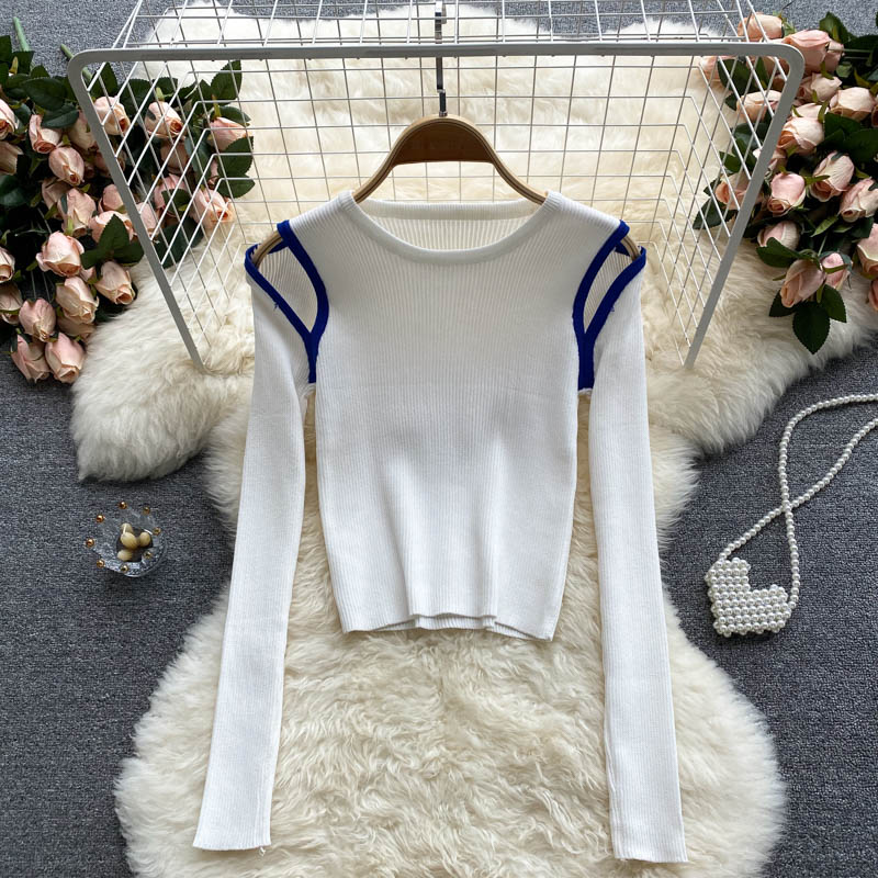 Knitted Blouse women's niche design hollow out color matching long sleeves  1588