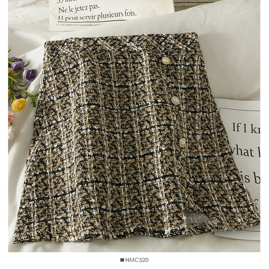 Korean high waist slim single breasted Plaid A-shaped short skirt for women  2556