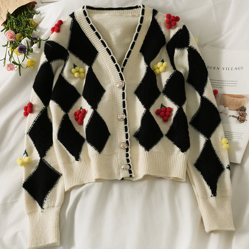 Three dimensional decorative single breasted cardigan long sleeved sweater  1804