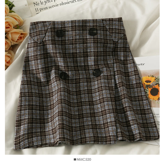 Vintage Plaid high waist thin tweed A-shaped skirt  2646