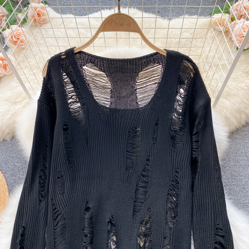 Wool sweater feminine V-neck hollow hole sweater  1594
