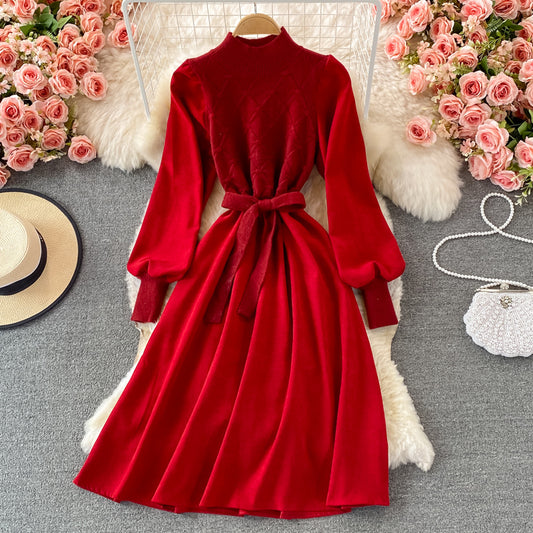 Fake two piece long sleeve knitted stitched corduroy A-line dress  3365