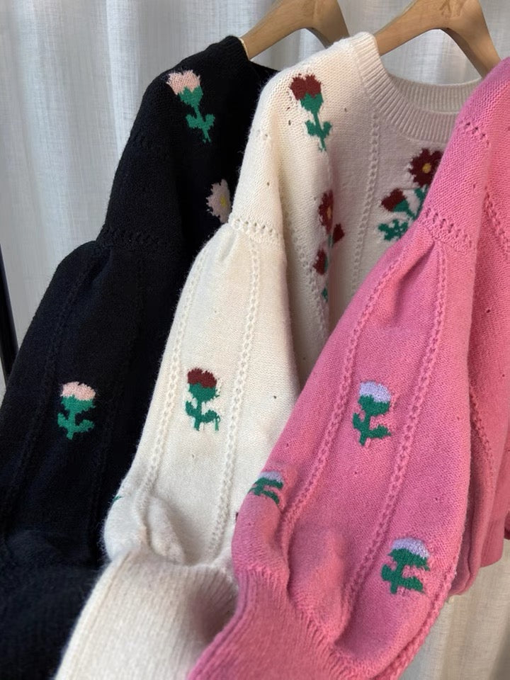 Temperamentblumenpullover, Vintage, Jacquard-Pullover mit Laternenärmeln, Herbst-Oberbekleidungsoberteil 1409