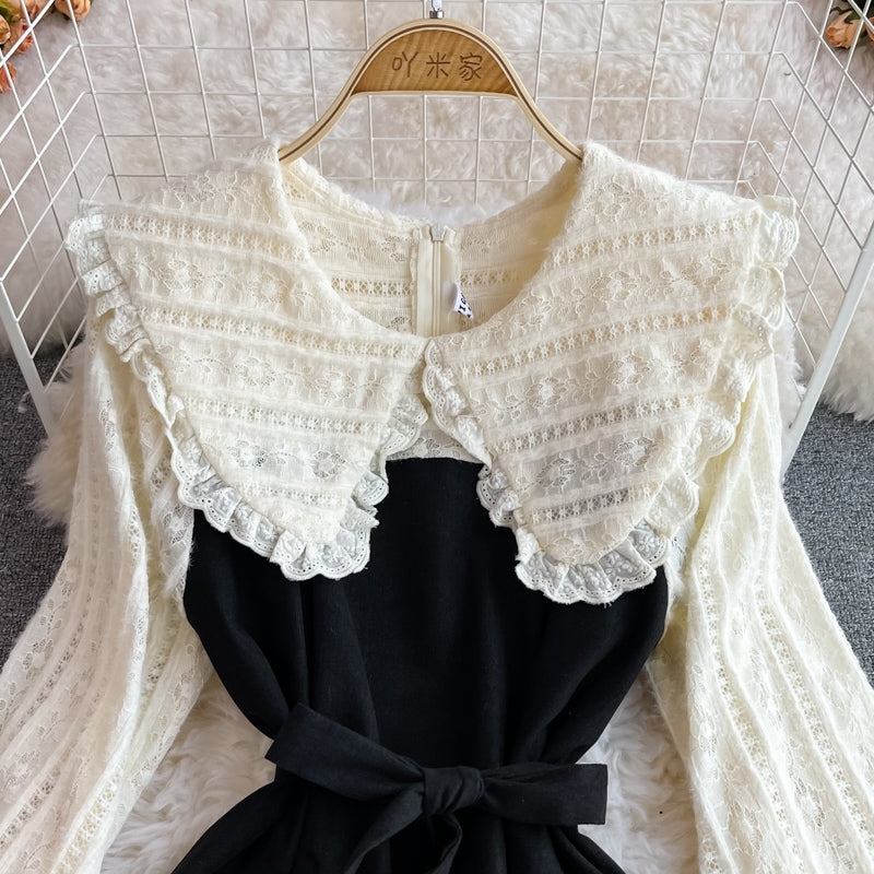 Vintage Lace stitched doll neck with slim waist corduroy dress  3384