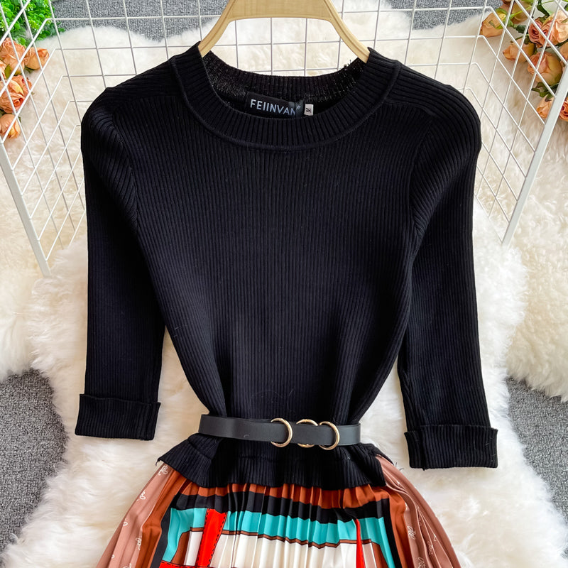 Stand neck knit patchwork contrast Pleated Dress  3355