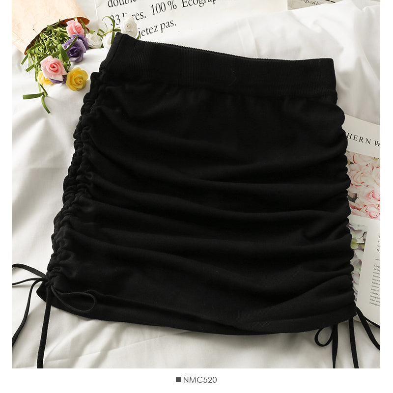 French niche design drawstring pleated High Waist Hip Wrap Skirt  2478