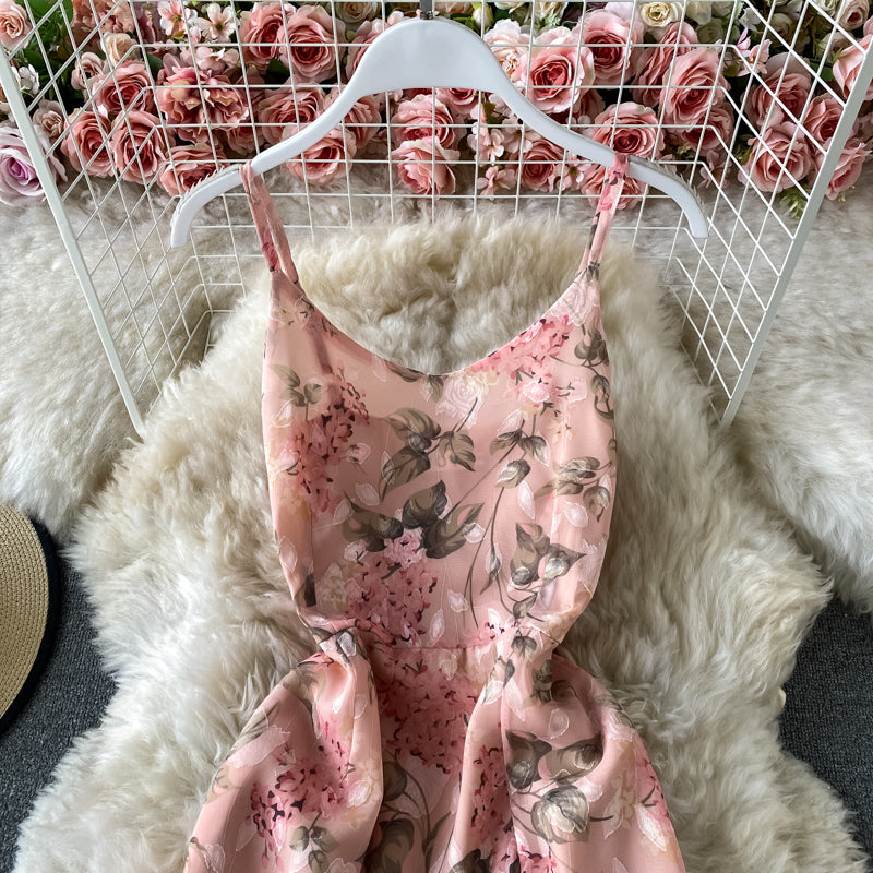 Split Pink Floral Chiffon Dress with irregular ruffles  3426