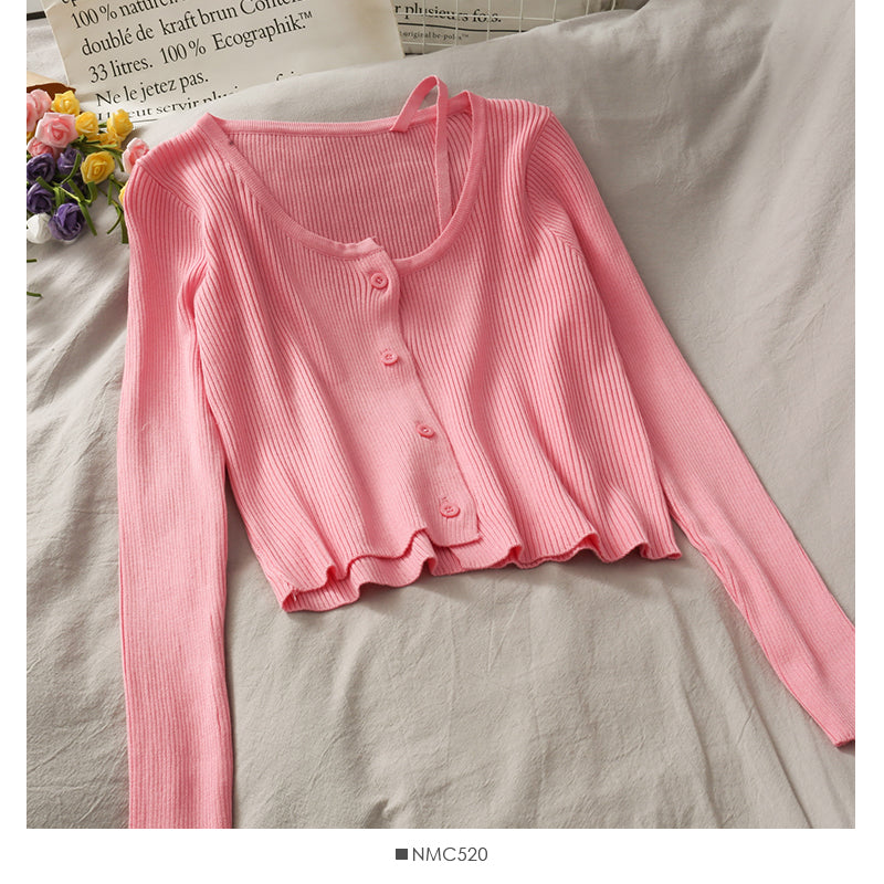 New candy color round neck exposed collarbone suspender sweater for women  1908