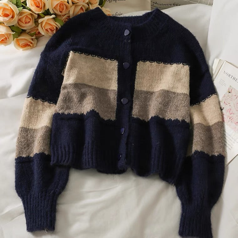 Short long sleeve single breasted knit, cardigan patchwork color sweater  1447