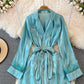 Celebrity style acetate Satin Long Sleeve waist closing shirt dress  3269