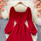 Temperament medium long high waist Thin Red Square Neck Dress  3361