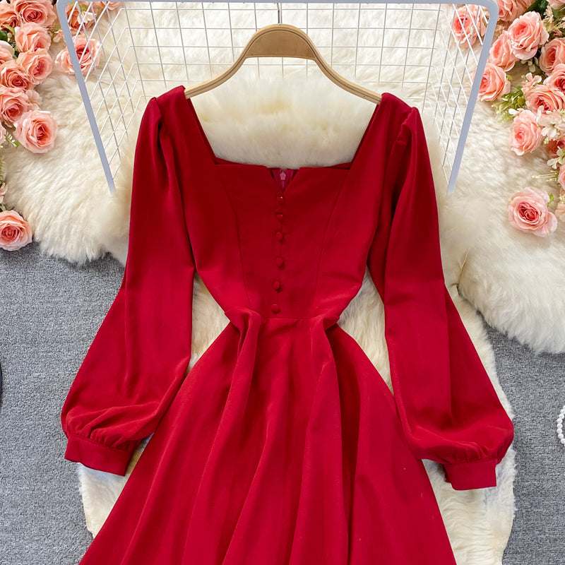 Temperament mittellanges dünnes rotes Kleid mit eckigem Ausschnitt und hoher Taille 3361