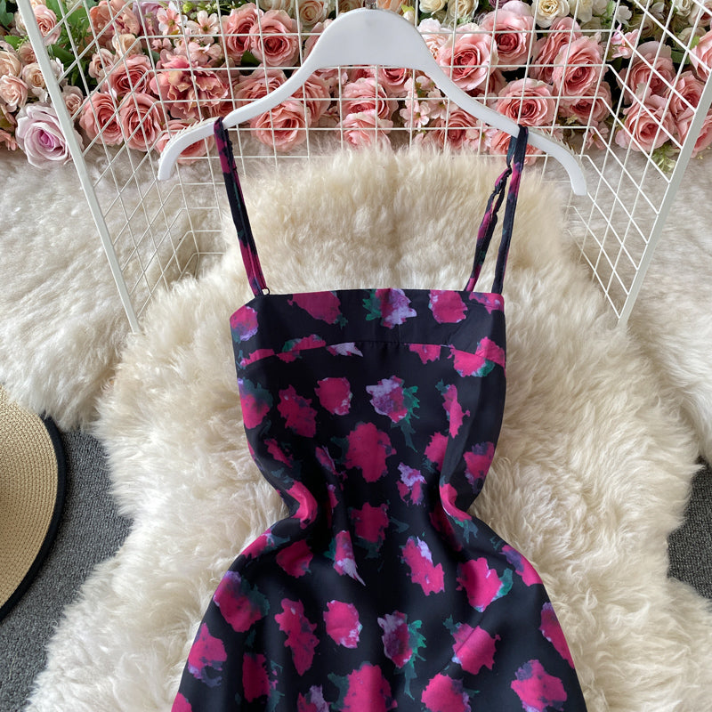 Slim temperament open back suspender Floral Dress  3422