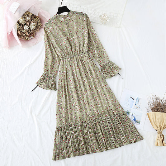 New French retro pleated flare sleeve bottomed long skirt  2359