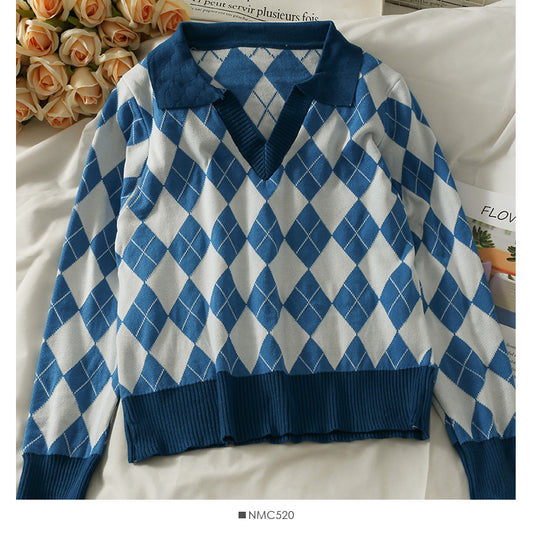 Knitwear women's autumn Lapel long sleeve versatile Pullover Top  2001