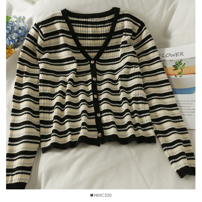 Striped single breasted V-neck cardigan thin top women  1892
