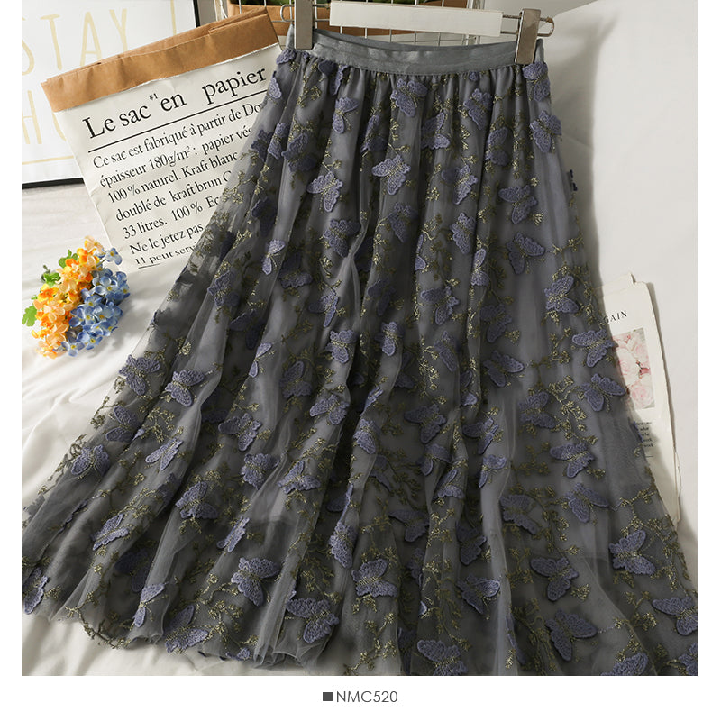 Three dimensional butterfly embroidered bright silk high waist skirt  2550